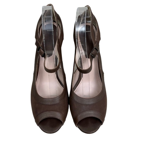 Martin + OSA Pump Brown Leather Ankle Strap Blocked Heel Peep Toe Women Size 10 - Picture 5 of 9